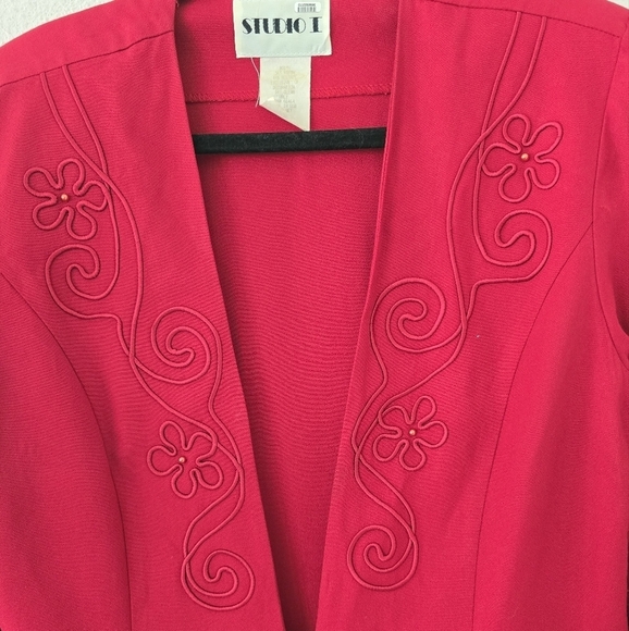 Studio Vintage Long Blazer Jacket Women 14 Red Padded 1Button Career Embriodery - Picture 6 of 8